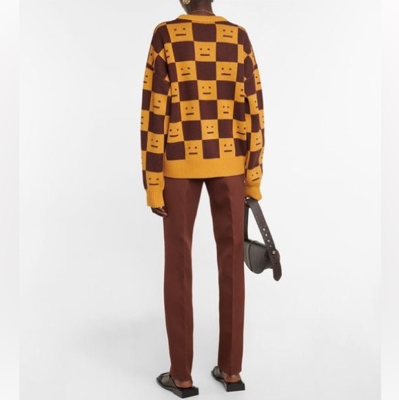 🍁☃️ACNE STUDIOS Women's Face Jacquard Wool Sweater Ochre Orange Coffee Brown - Picture 6 of 14